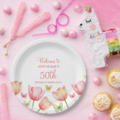 Peachy Watercolor Tulips Floral  ペーパープレート (パーティー)