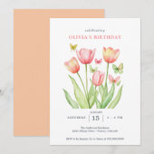 Peachy Watercolor Tulips Floral  招待状 (正面/裏面)