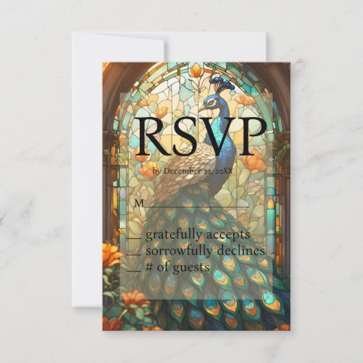 Peacockのステン結婚ドグラスRSVP応答カード 出欠カード (正面)