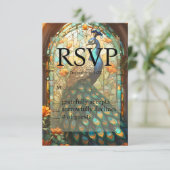 Peacockのステン結婚ドグラスRSVP応答カード 出欠カード (スタンド正面)