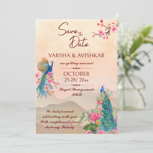 Peacock日付のテンプレート招待を保存 招待状 (スタンド正面)