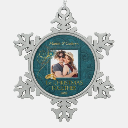 Peacock 1st Christmas Together写真 スノーフレークピューターオーナメント (正面)