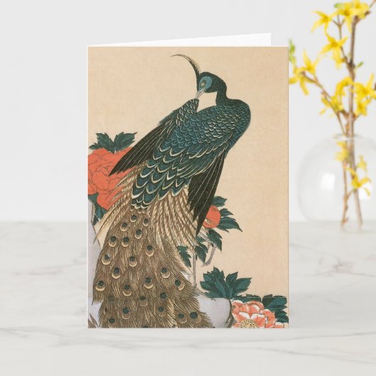 Peacock and Peonies by広重日本の Art カード (黄色い花)
