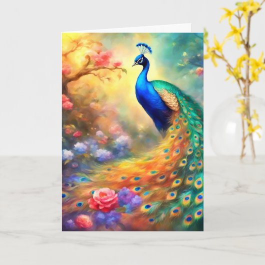Peacock Bird 100 with flowers カード (黄色い花)
