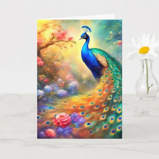 Peacock Bird 100 with flowers カード (小さな植物)