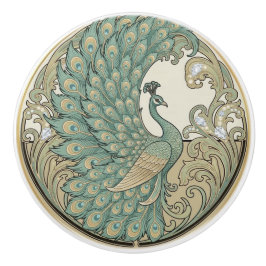 Peacock Bird Sage Green & Gold Art Deco Nouveau セラミックノブ