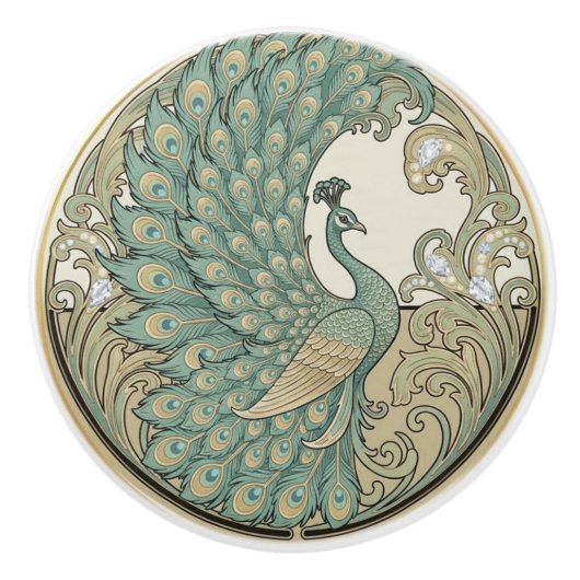 Peacock Bird Sage Green & Gold Art Deco Nouveau セラミックノブ (正面)