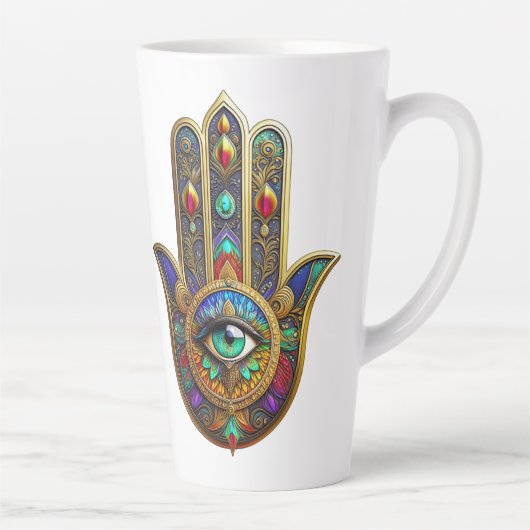 Peacock Color Flower Petals Hamsa Green Third Eye カフェラテマグ (右)