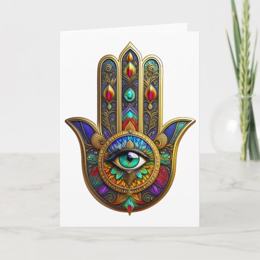 Peacock Color Flower Petals Hamsa Green Third Eye カード (正面)