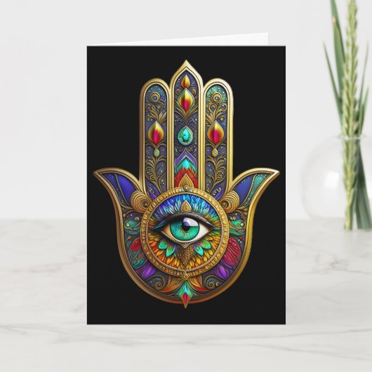 Peacock Color Flower Petals Hamsa Green Third Eye カード (正面)
