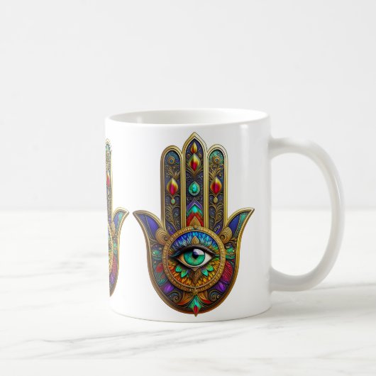 Peacock Color Flower Petals Hamsa Green Third Eye コーヒーマグカップ (右)