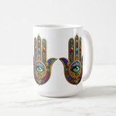 Peacock Color Flower Petals Hamsa Green Third Eye コーヒーマグカップ (正面右)