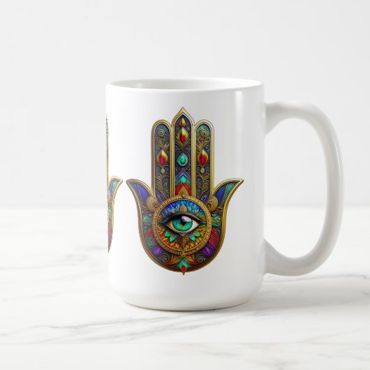 Peacock Color Flower Petals Hamsa Green Third Eye コーヒーマグカップ (右)