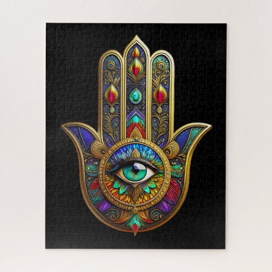 Peacock Color Flower Petals Hamsa Green Third Eye ジグソーパズル (縦)