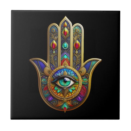 Peacock Color Flower Petals Hamsa Green Third Eye タイル (正面)