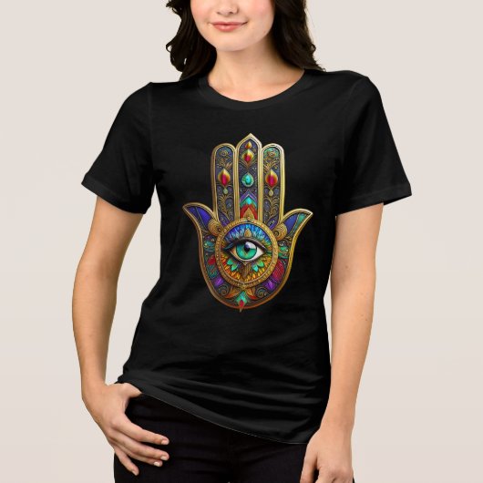 Peacock Color Flower Petals Hamsa Green Third Eye トライブレンドＴシャツ (正面)