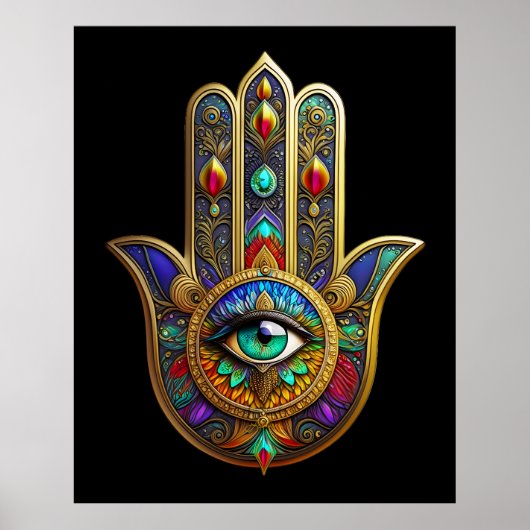 Peacock Color Flower Petals Hamsa Green Third Eye ポスター (正面)