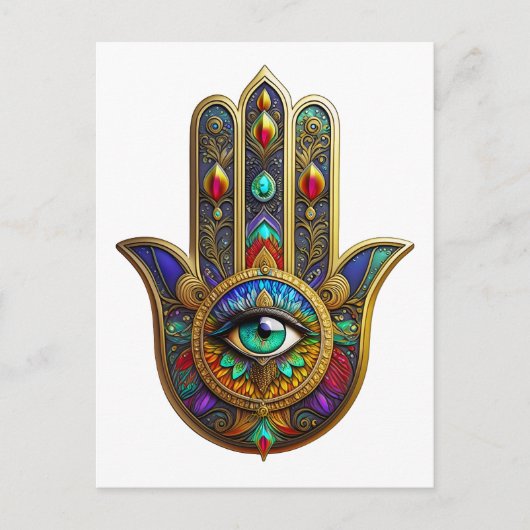 Peacock Color Flower Petals Hamsa Green Third Eye ポストカード (正面)