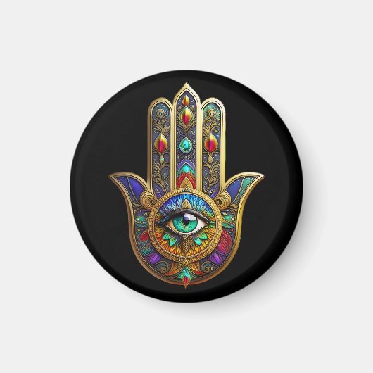 Peacock Color Flower Petals Hamsa Green Third Eye マグネット (正面)