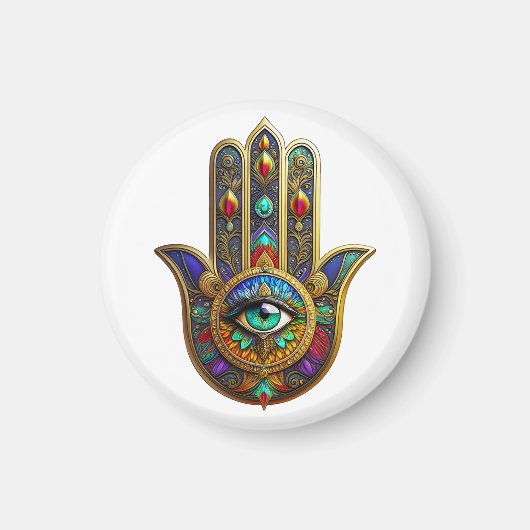 Peacock Color Flower Petals Hamsa Green Third Eye マグネット (正面)