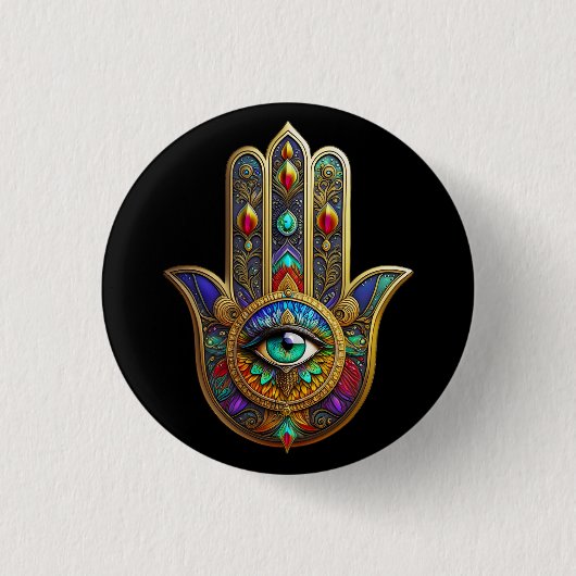 Peacock Color Flower Petals Hamsa Green Third Eye 缶バッジ (正面)