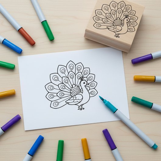 Peacock Coloring Book Outline Wooden Art Stamp ラバースタンプ