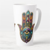 Peacock Colors Hamsa w/ Gold Third Eye カフェラテマグ (右アングル)
