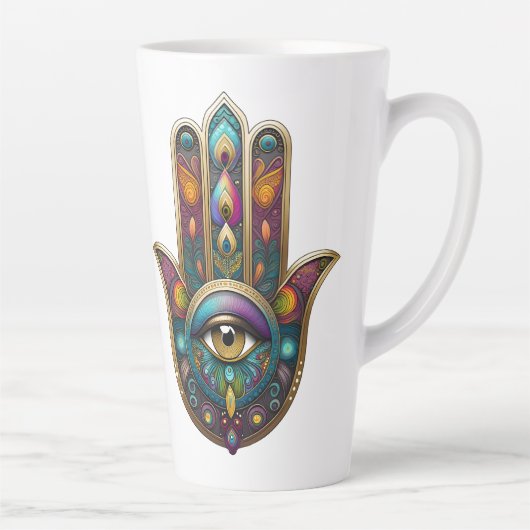 Peacock Colors Hamsa w/ Gold Third Eye カフェラテマグ (右)