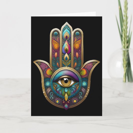 Peacock Colors Hamsa w/ Gold Third Eye カード (正面)