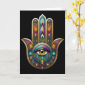 Peacock Colors Hamsa w/ Gold Third Eye カード (黄色い花)