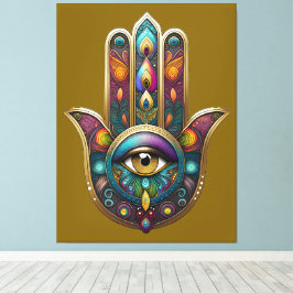 Peacock Colors Hamsa w/ Gold Third Eye キャンバスプリント