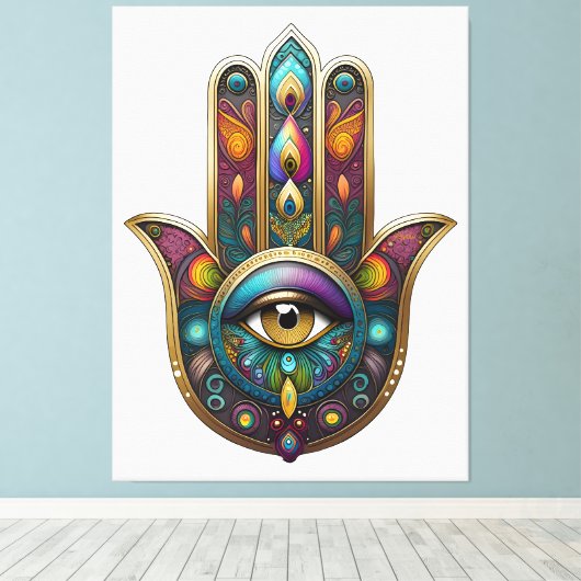 Peacock Colors Hamsa w/ Gold Third Eye キャンバスプリント (インサイチュ (ウッドフロア))