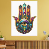 Peacock Colors Hamsa w/ Gold Third Eye キャンバスプリント (インサイチュ (リビング))