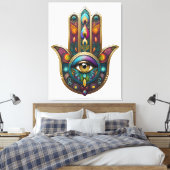 Peacock Colors Hamsa w/ Gold Third Eye キャンバスプリント (インサイチュ (寝室))