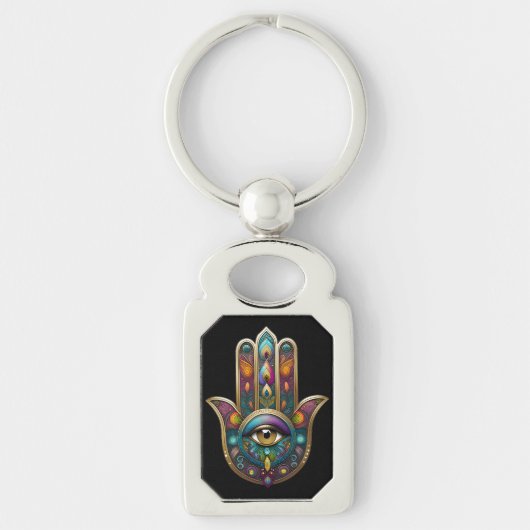 Peacock Colors Hamsa w/ Gold Third Eye キーホルダー (正面)