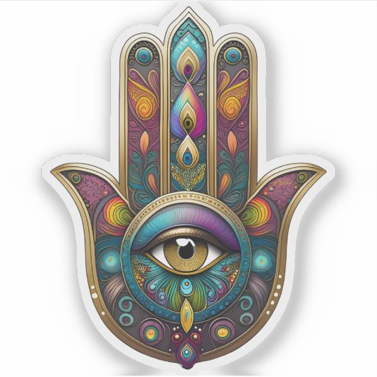 Peacock Colors Hamsa w/ Gold Third Eye シール (正面)