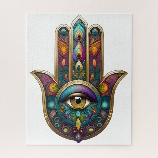 Peacock Colors Hamsa w/ Gold Third Eye ジグソーパズル (縦)