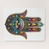 Peacock Colors Hamsa w/ Gold Third Eye ジグソーパズル (横)