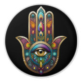 Peacock Colors Hamsa w/ Gold Third Eye セラミックノブ (正面)
