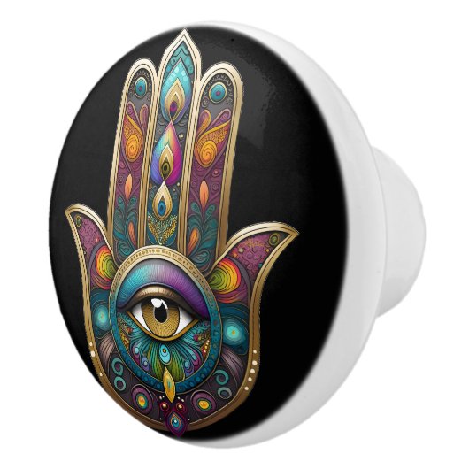 Peacock Colors Hamsa w/ Gold Third Eye セラミックノブ (右)