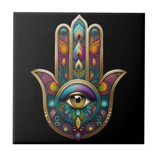 Peacock Colors Hamsa w/ Gold Third Eye タイル (正面)