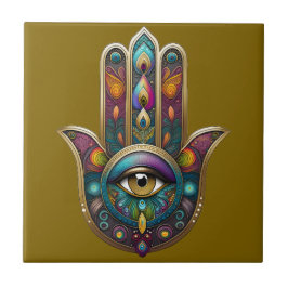 Peacock Colors Hamsa w/ Gold Third Eye タイル
