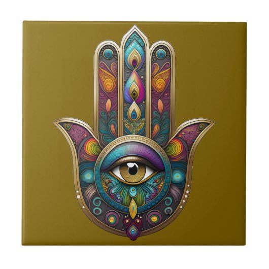 Peacock Colors Hamsa w/ Gold Third Eye タイル (正面)