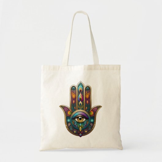 Peacock Colors Hamsa w/ Gold Third Eye トートバッグ (正面)
