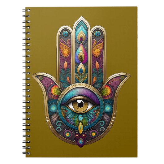 Peacock Colors Hamsa w/ Gold Third Eye ノートブック (正面)
