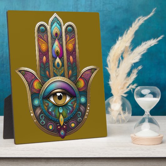 Peacock Colors Hamsa w/ Gold Third Eye フォトプラーク (側面)