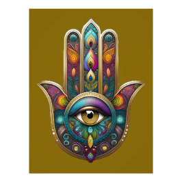 Peacock Colors Hamsa w/ Gold Third Eye フォトプリント