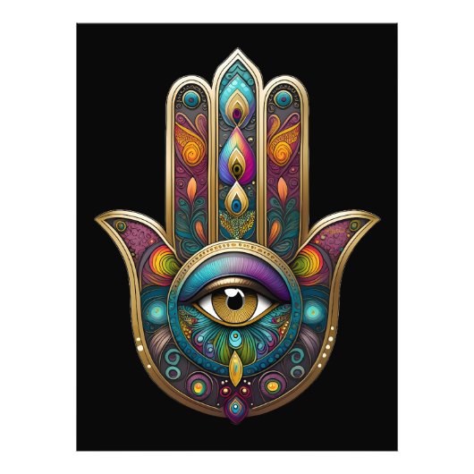 Peacock Colors Hamsa w/ Gold Third Eye フォトプリント (正面)