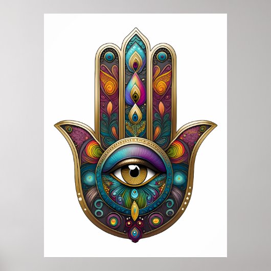 Peacock Colors Hamsa w/ Gold Third Eye ポスター (正面)
