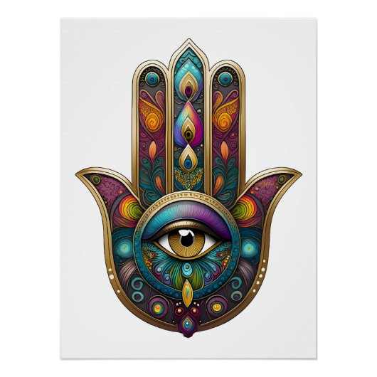 Peacock Colors Hamsa w/ Gold Third Eye ポスター (正面)